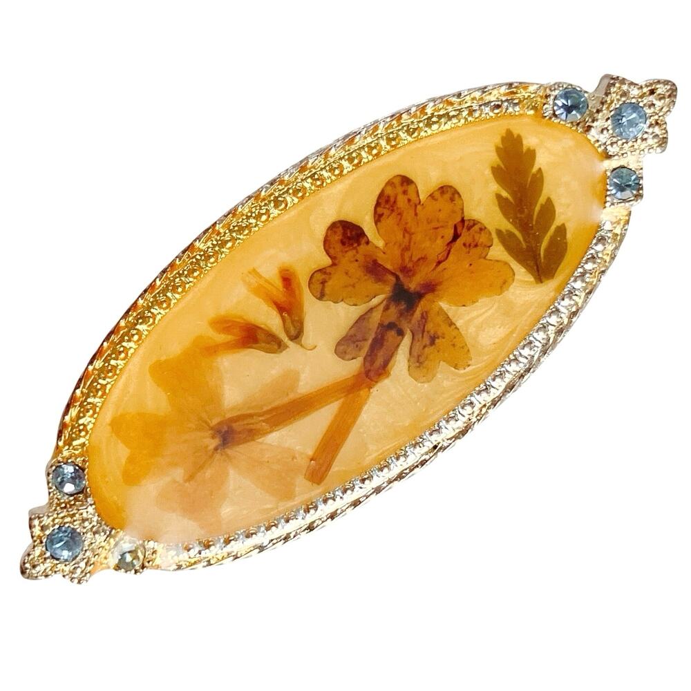 VTG 1950s Brooch Dried Flower Glass Rhinestones Lucite Navette Silver Tone Pin